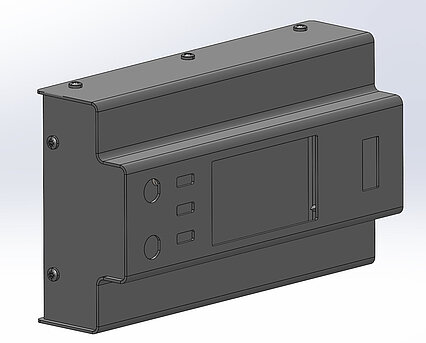 Blechgehäuse zur Montage auf einer DIN-Schiene - Ausschnitte für 1 Wippschalter, 1 Display, 3x USB-Anschluß und 2x BNC-Anschluß 