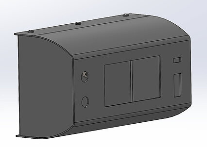 Blechgehäuse zur Montage auf einer DIN-Schiene - Ausschnitte für 1 Wippschalter, 1 Display, 1x USB-Anschluß und 2x BNC-Anschluß