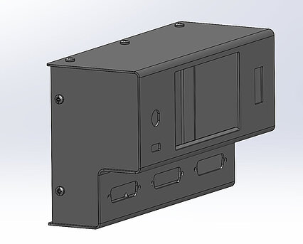 Blechgehäuse zur Montage auf einer DIN-Schiene - Ausschnitte für 1 Wippschalter, 1 Display, 3x USB-Anschluß und 2x BNC-Anschluß 